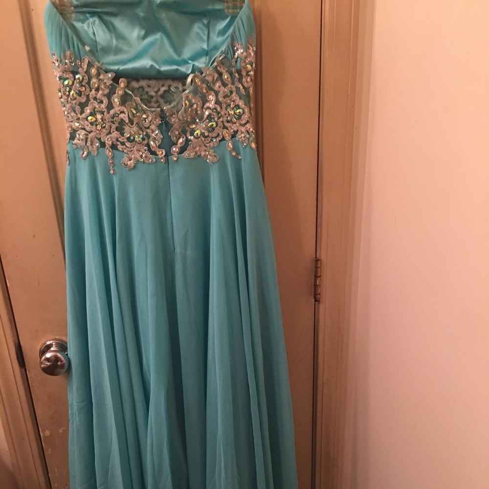 Aquamarine Long Dazzled Strapless Gown, Size 7